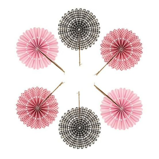 6 éventails en papier rose et noir