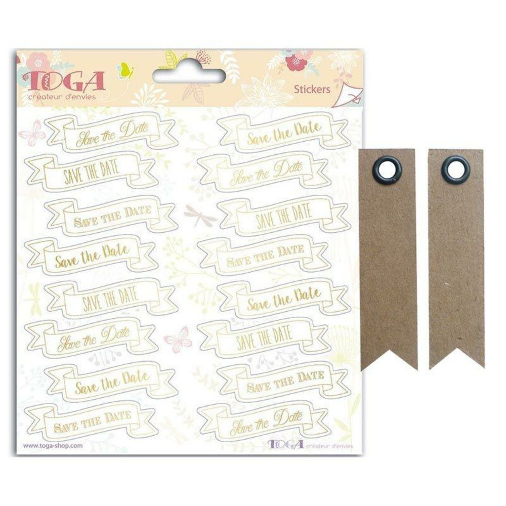 Stickers mariage save the date 15 x 15 cm + 20 étiquettes kraft fanion