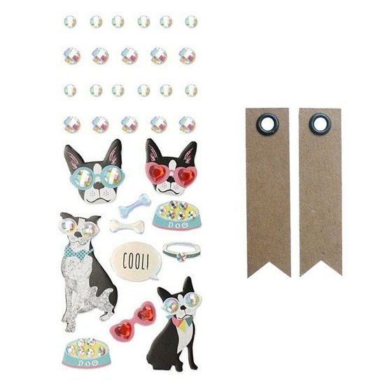 33 stickers 3d chien à lunettes + 20 étiquettes kraft fanion