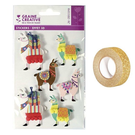6 stickers 3d lama 6 cm + masking tape doré à paillettes 5 m