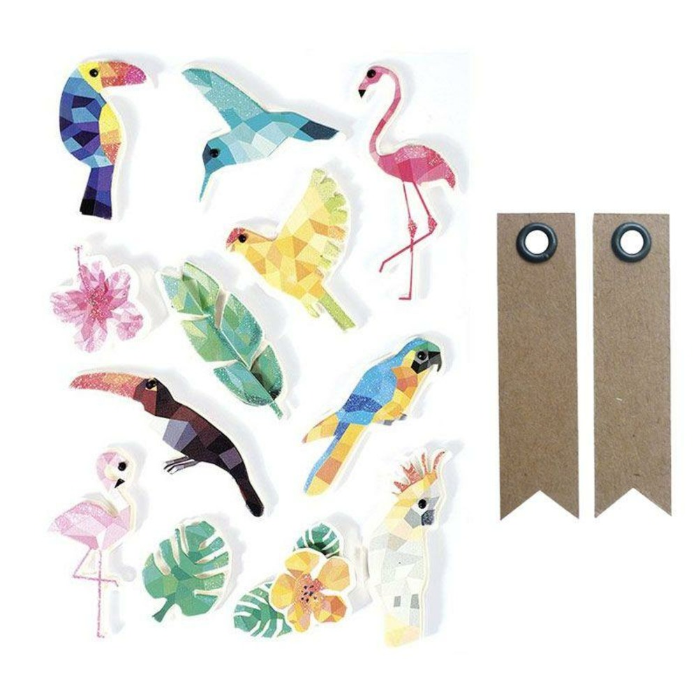12 stickers 3d oiseaux tropicaux 6 cm + 20 étiquettes kraft fanion