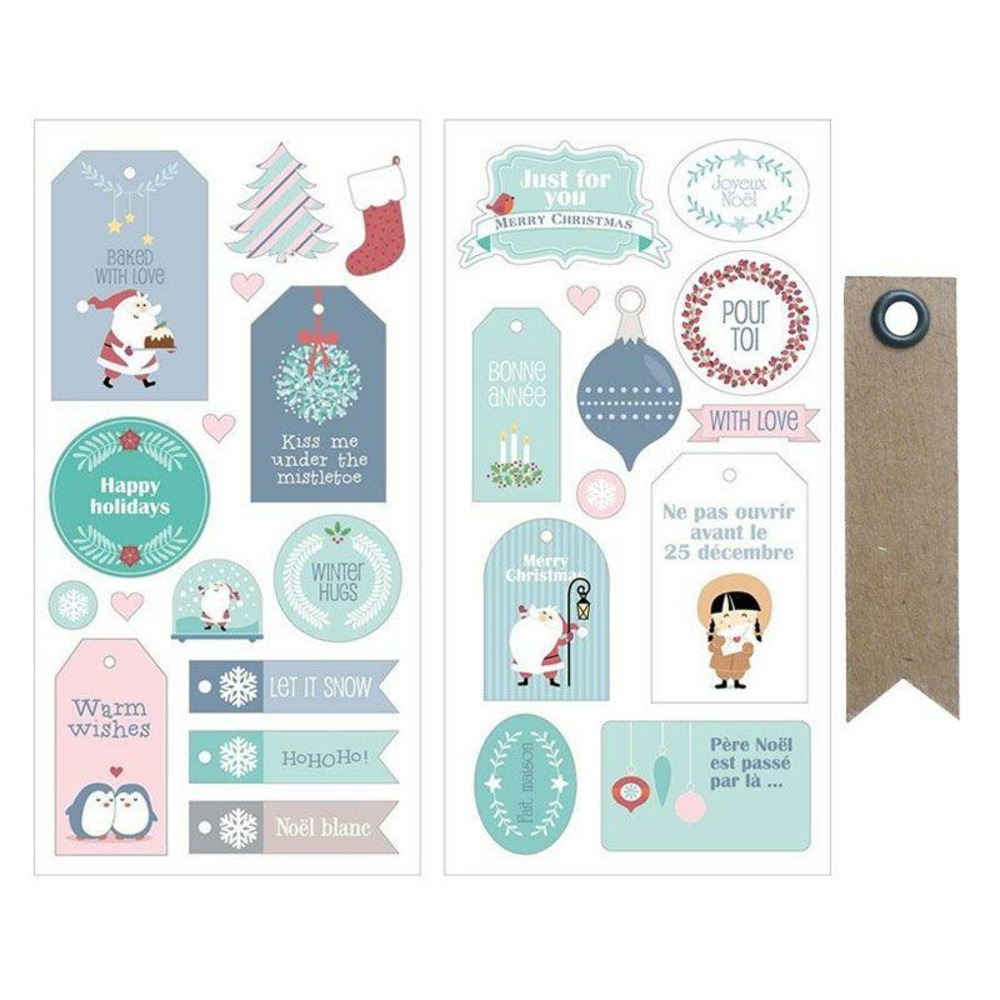 27 stickers puffies père noël + 20 étiquettes kraft fanion
