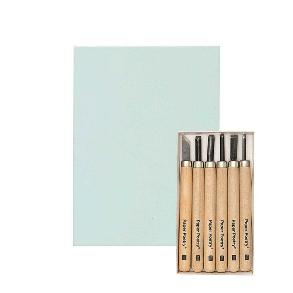 Plaque de caoutchouc 8,5 x 11,5 cm pour tampons + 6 couteaux à sculpter