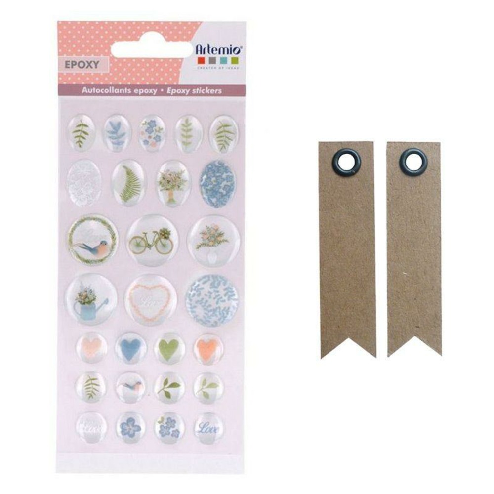 27 autocollants epoxy love story + 20 étiquettes kraft fanion