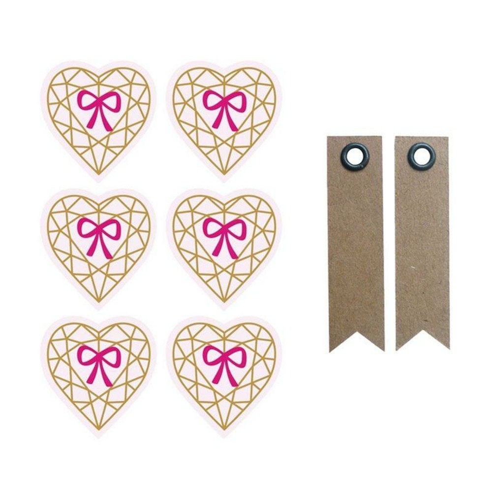 Autocollants 3d 4 cm cœur diamant sur fond rose clair + 20 étiquettes kraft fanion