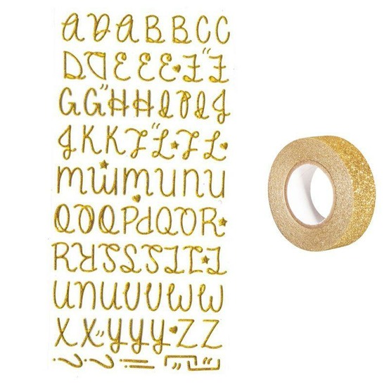 Stickers alphabet doré à paillettes + masking tape doré à paillettes 5 m