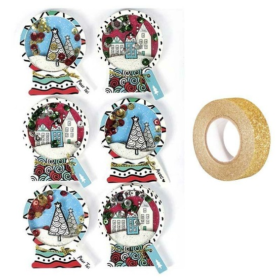 6 stickers 3d de noël boules de neige 5 cm + masking tape doré à paillettes 5 m