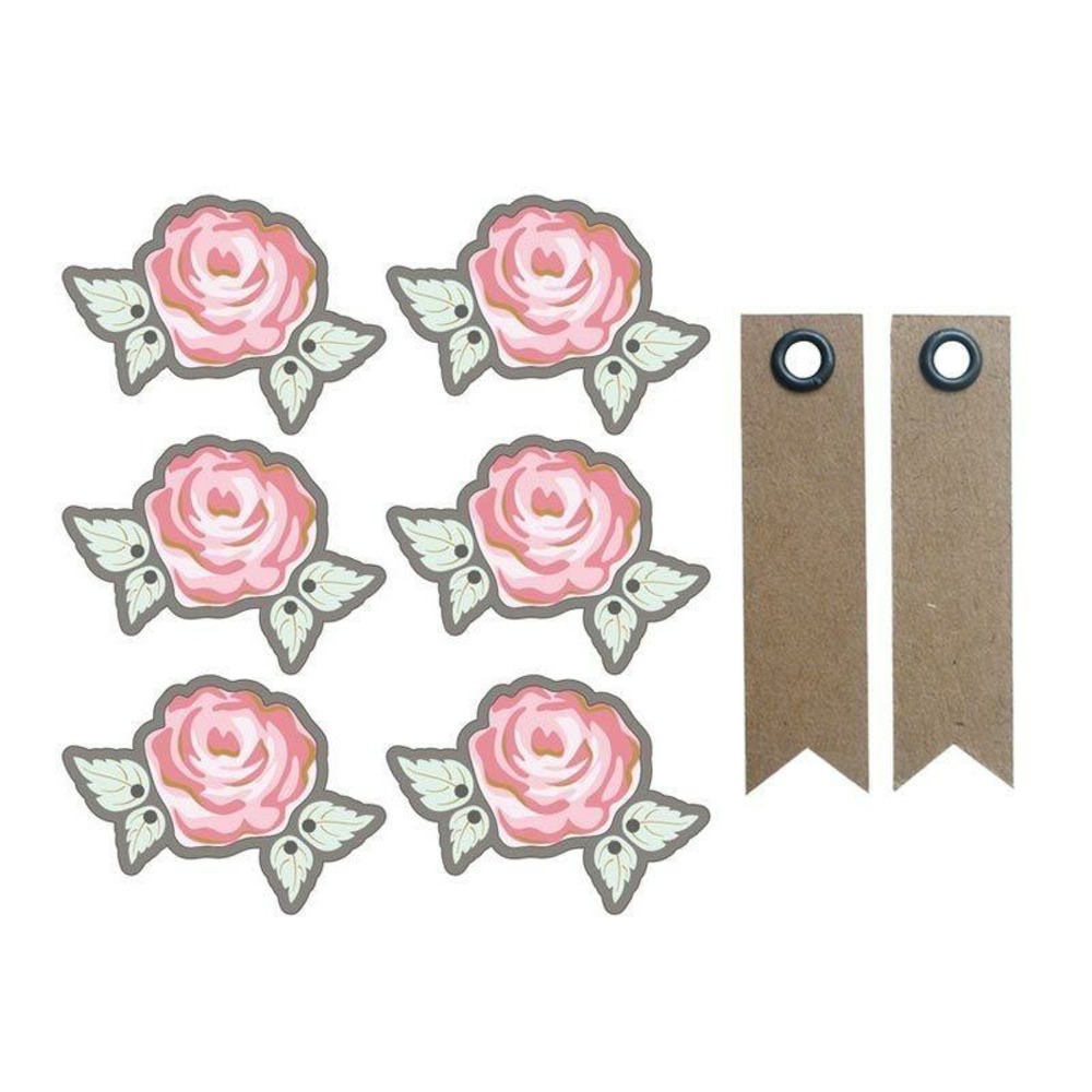 Autocollants 3d ø 4 cm rose sur fond gris + 20 étiquettes kraft fanion