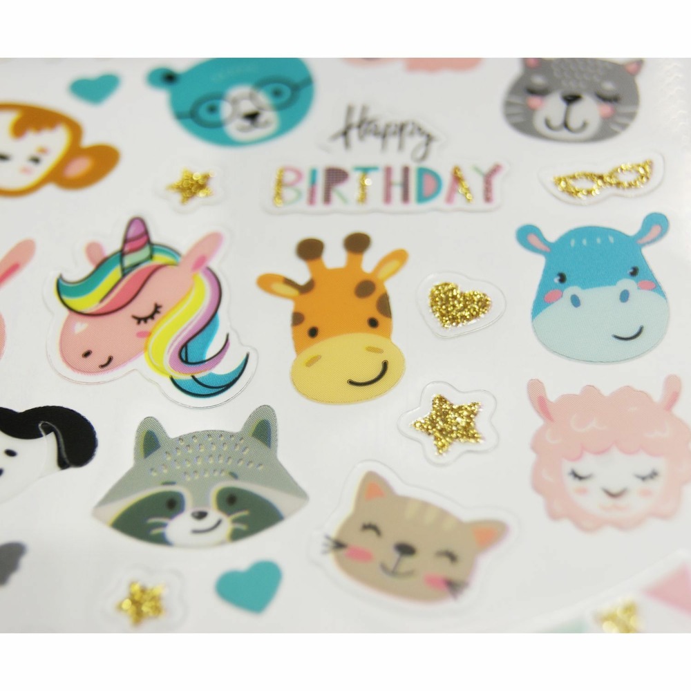 Autocollants - anniversaire avec les animaux - paillettes - 1,8 cm