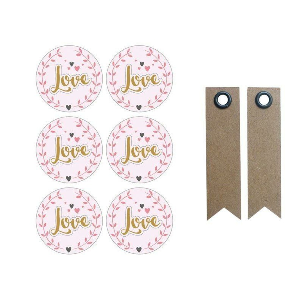 Autocollants 3d ø 4 cm love sur fond rose clair + 20 étiquettes kraft fanion