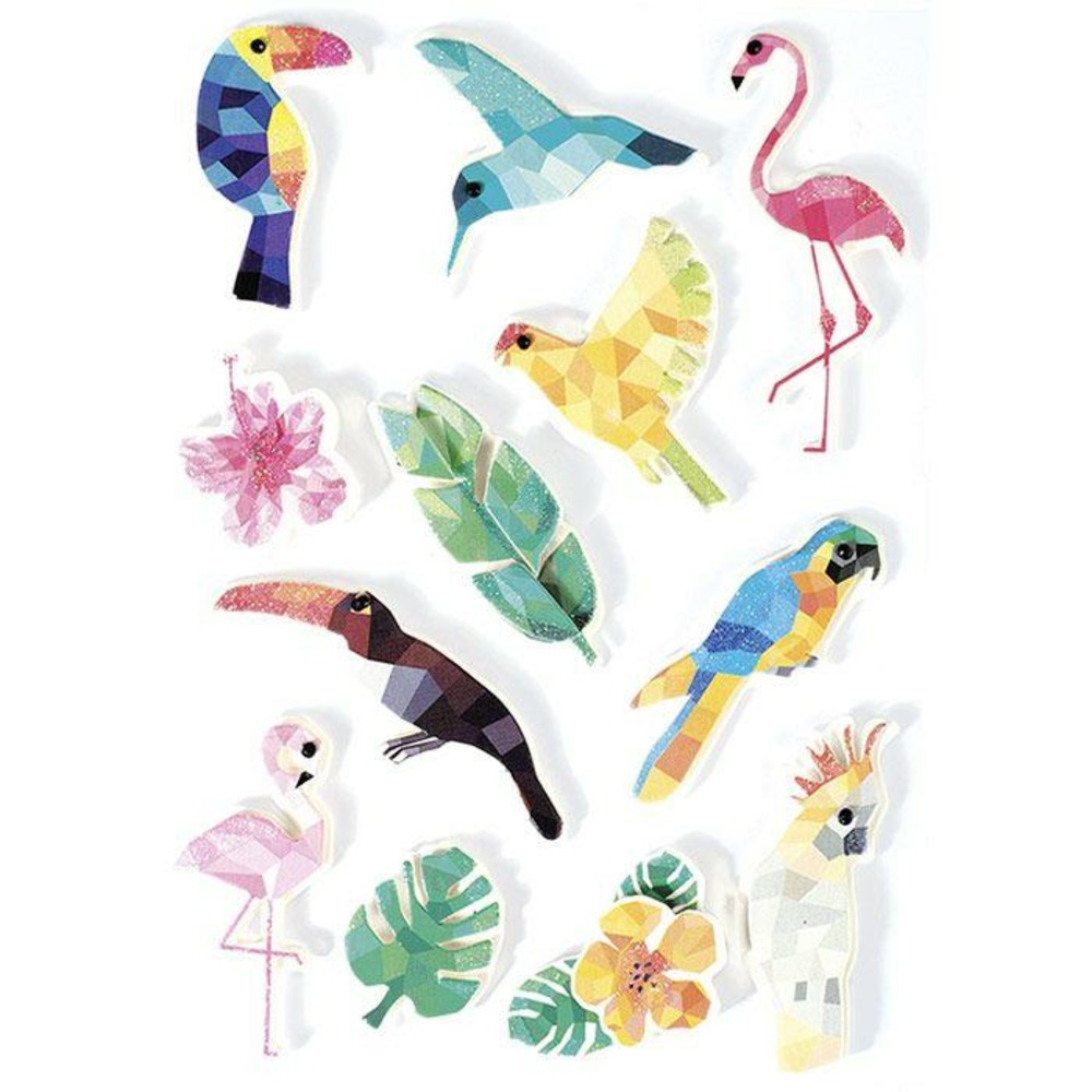 12 stickers 3d - oiseaux tropicaux 6 cm