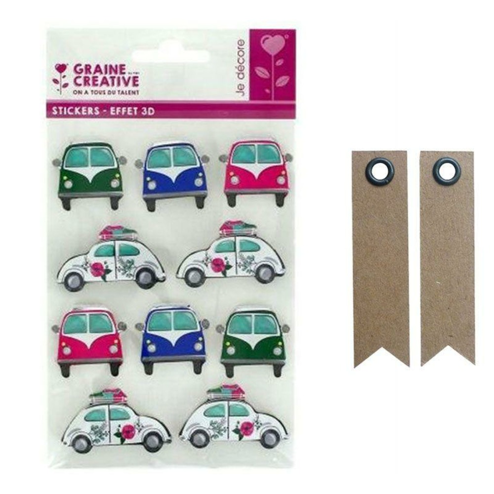 10 stickers 3d voiture de vacances + 20 étiquettes kraft fanion