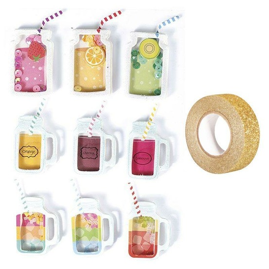 9 stickers 3d boissons mason jars 5 cm + masking tape doré à paillettes 5 m