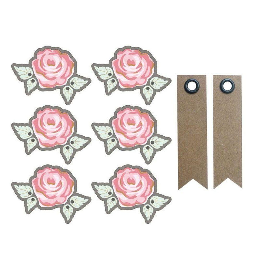 Autocollants 3d rose romantique contour gris + 20 étiquettes kraft fanion