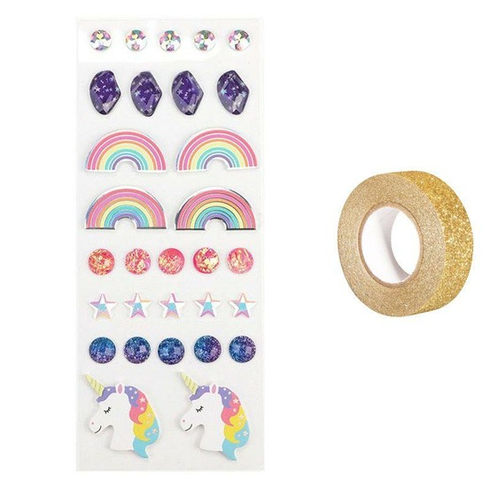 30 stickers 3d arc-en-ciel + masking tape doré à paillettes 5 m