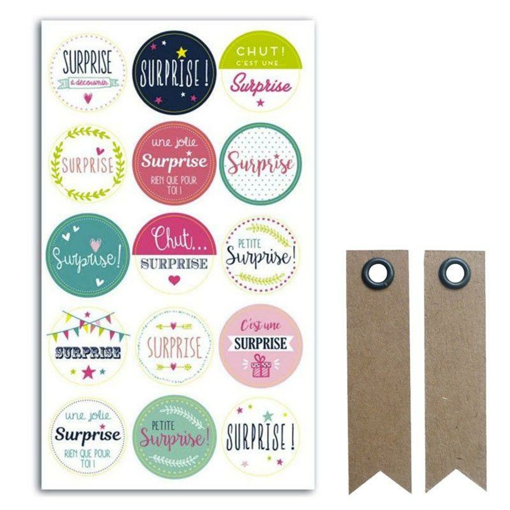 15 pastilles autocollantes cadeau surprise + 20 étiquettes kraft fanion