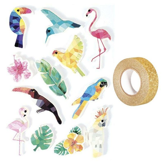 12 stickers 3d oiseaux tropicaux 6 cm + masking tape doré à paillettes 5 m