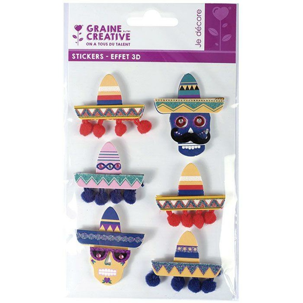 6 stickers 3d - chapeaux mexicains sombreros 5,5 cm