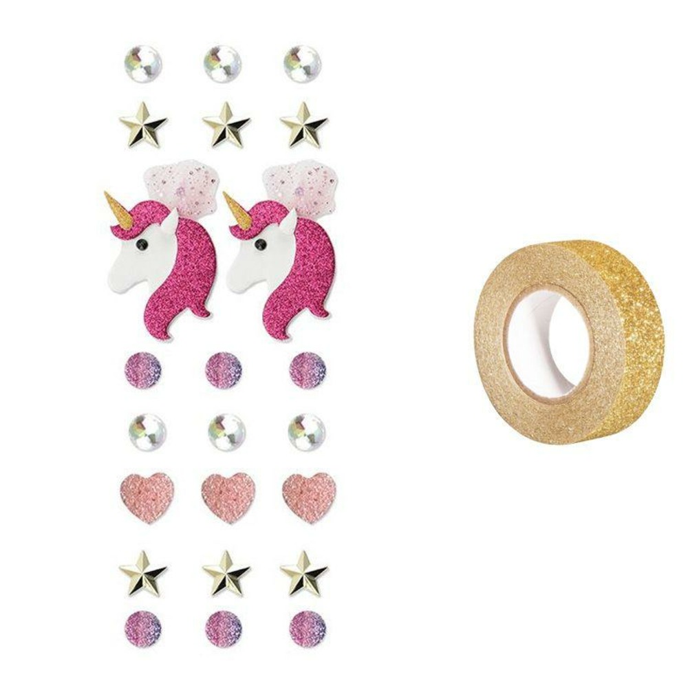 23 stickers 3d licorne + masking tape doré à paillettes 5 m