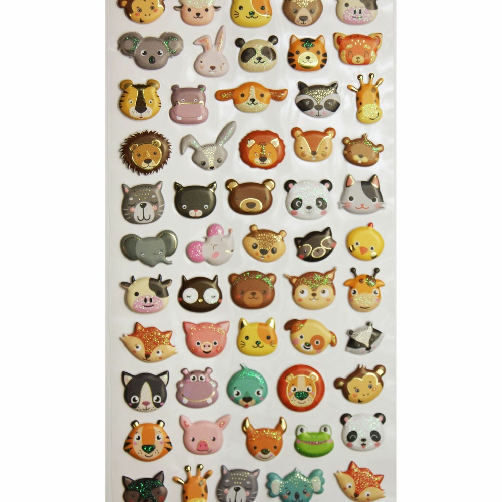 Autocollants réutilisables - relief 3d - visages animaux - paillettes