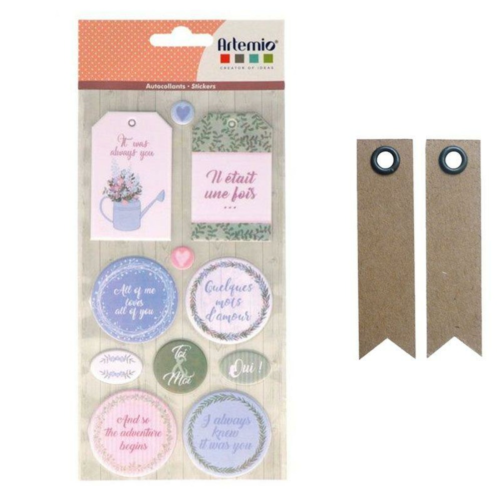 Autocollants puffies xl love story + 20 étiquettes kraft fanion