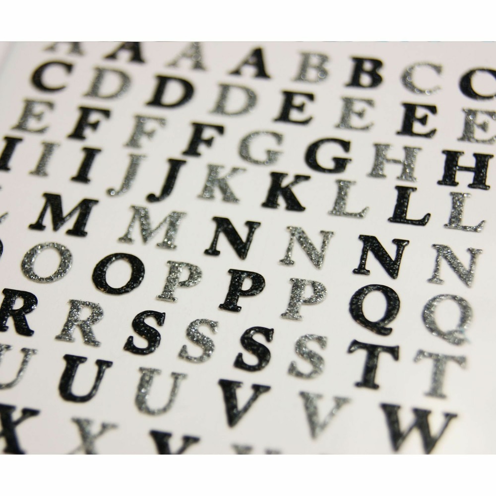 92 autocollants - alphabet - noir & argenté - paillettes - 1,8 cm