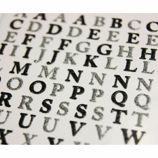 92 autocollants - alphabet - noir & argenté - paillettes - 1,8 cm