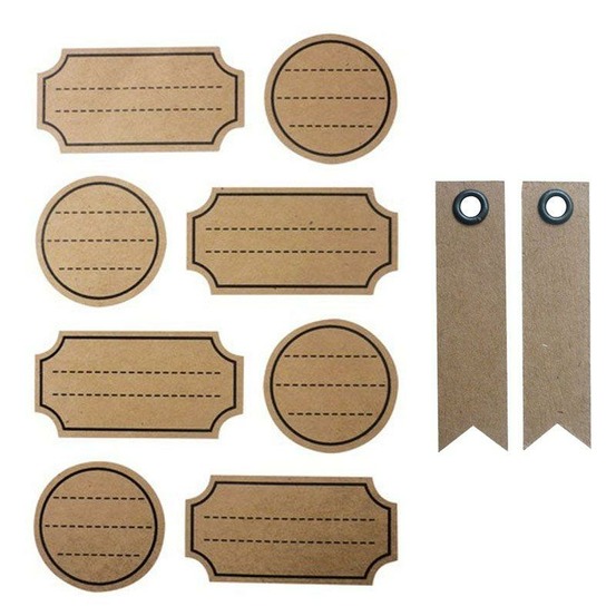 32 stickers kraft avec pointillés + 20 étiquettes kraft fanion