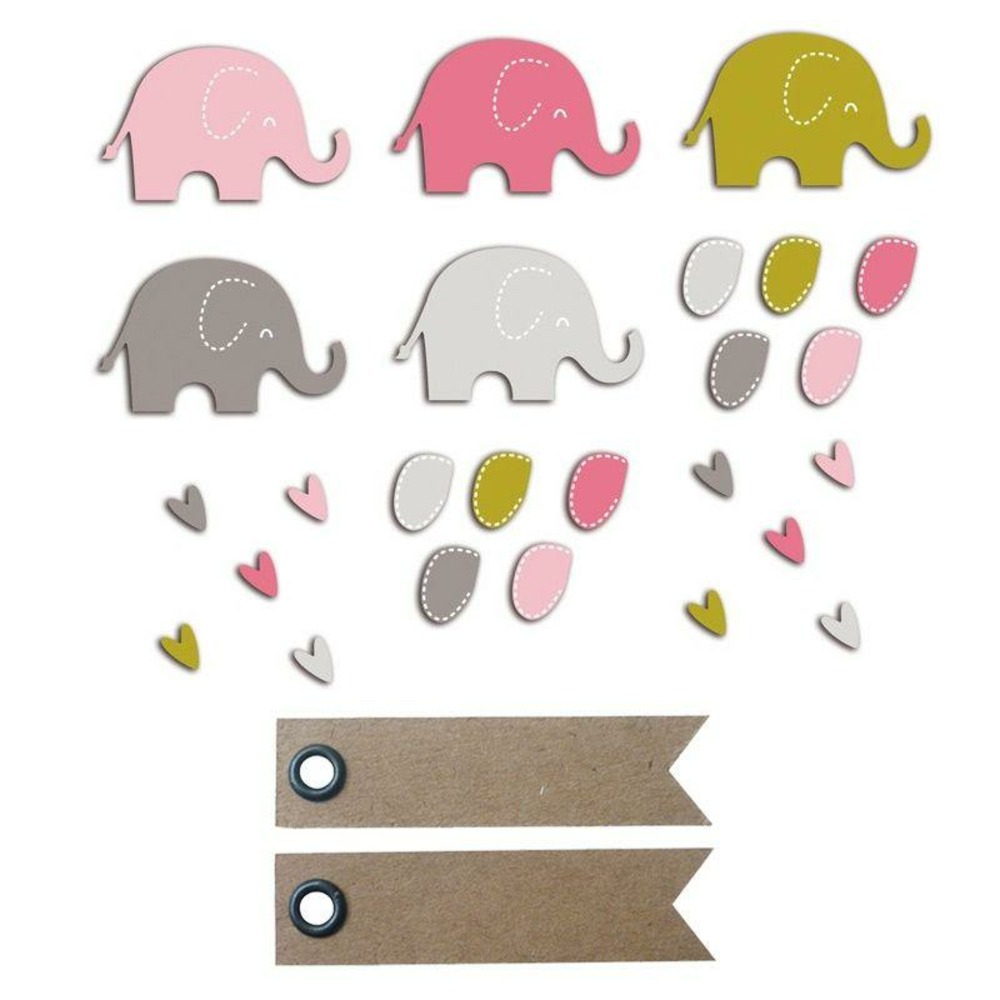 20 formes découpées éléphants rose-vert taupe + 20 étiquettes kraft fanion