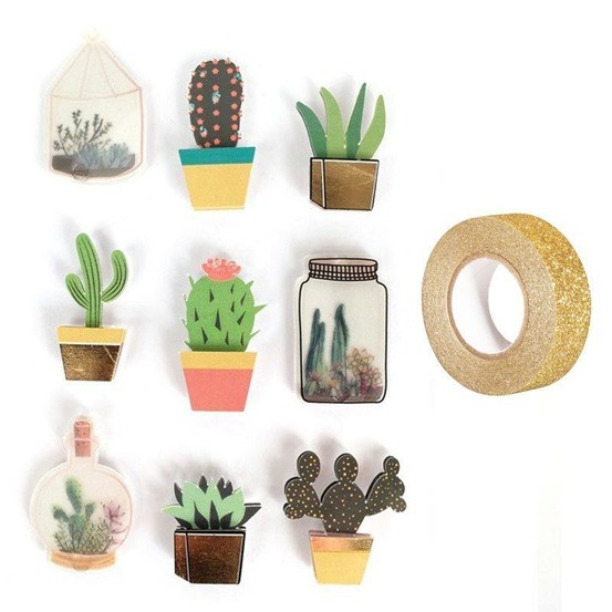 9 stickers 3d cactus et botanique 4 cm + masking tape doré à paillettes 5 m