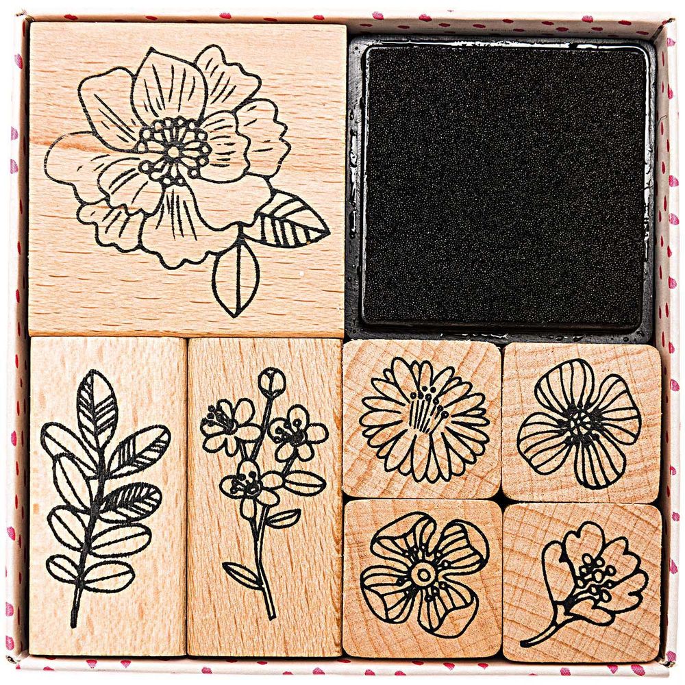 Lot Tampons Bois Fleurs Et Plantes - 8 Tampons + 3 Encreurs Couleurs - Kit Créatif Scrapbooking