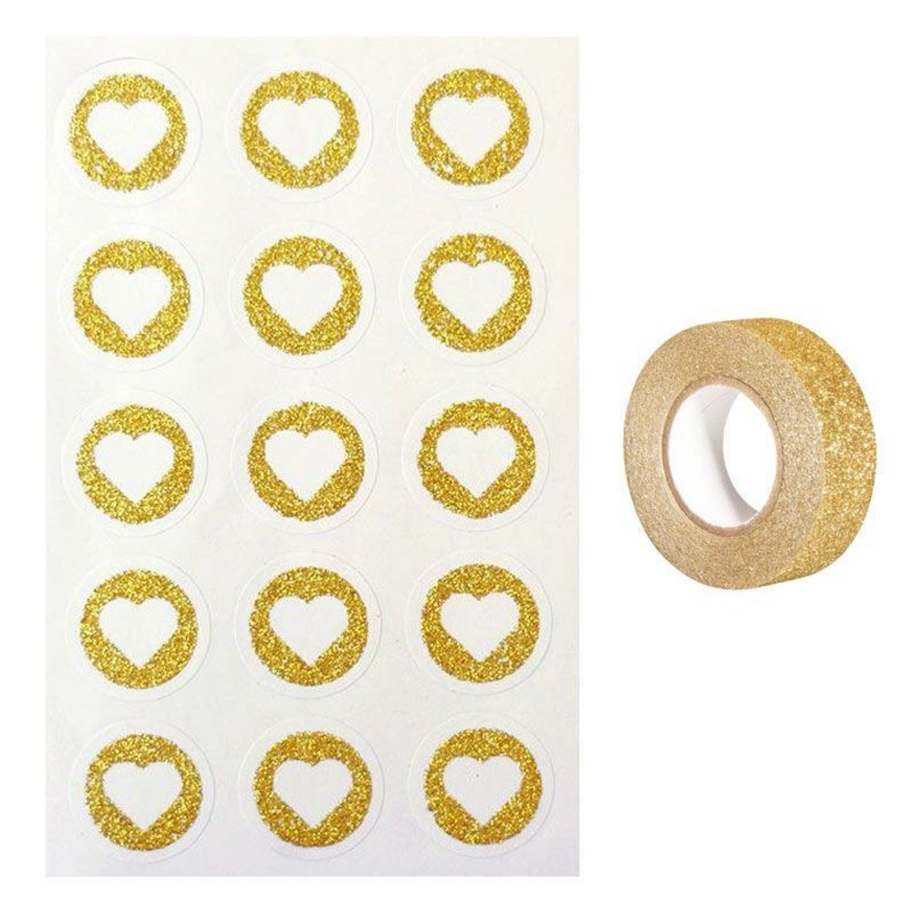 60 stickers ronds ø 2,6 cm avec coeur doré à paillettes + masking tape doré à paillettes 5 m