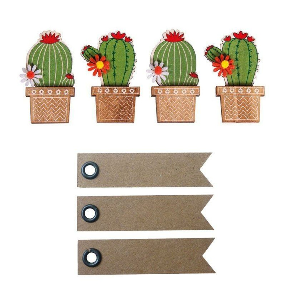 4 autocollants bois cactus 6,1 cm + 20 étiquettes kraft fanion