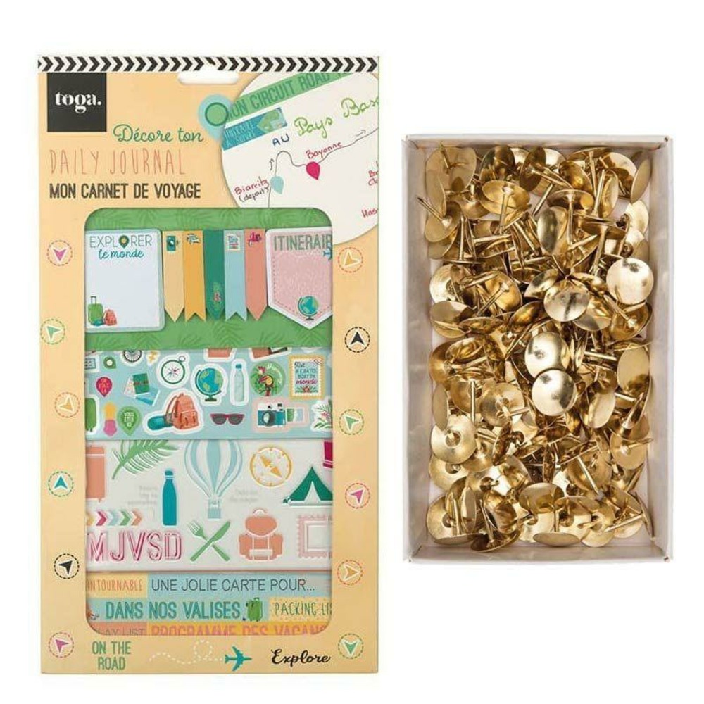 Kit décoration bullet journal voyage + 150 punaises dorées