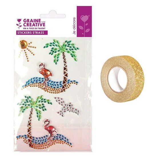 4 stickers strass 15 x 9,5 cm ile paradisiaque + masking tape doré à paillettes 5 m