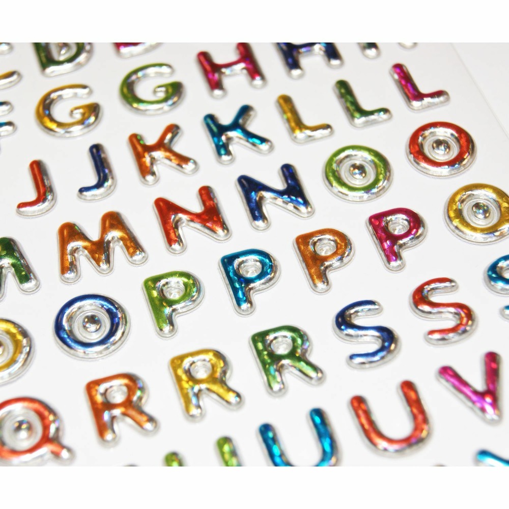92 autocollants réutilisables - relief 3d - alphabet multicolore - effet métallique