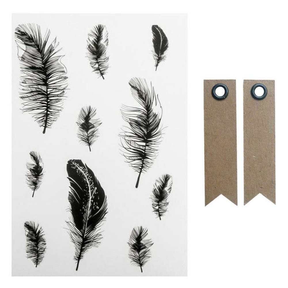 Motifs autocollants noir & blanc plumes + 20 étiquettes kraft fanion
