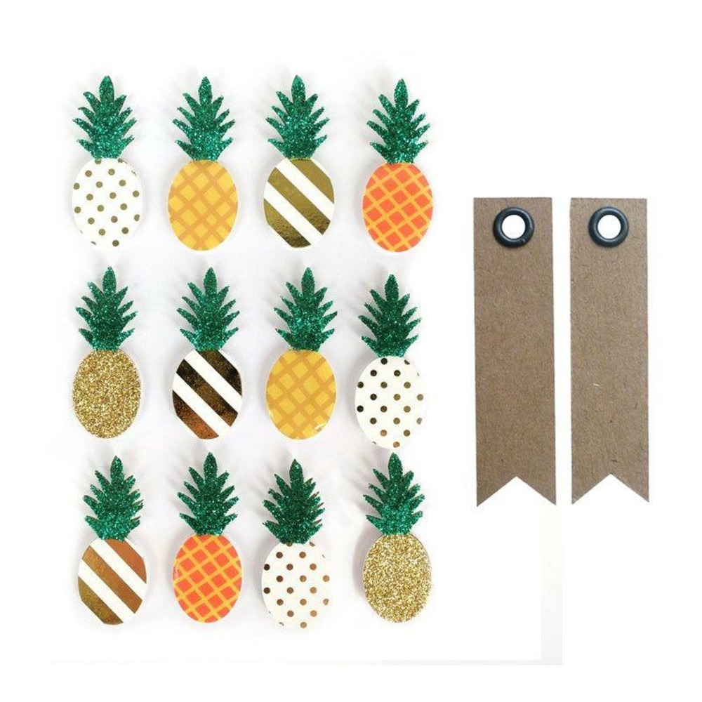 12 stickers 3d ananas 4,5 cm + 20 étiquettes kraft fanion