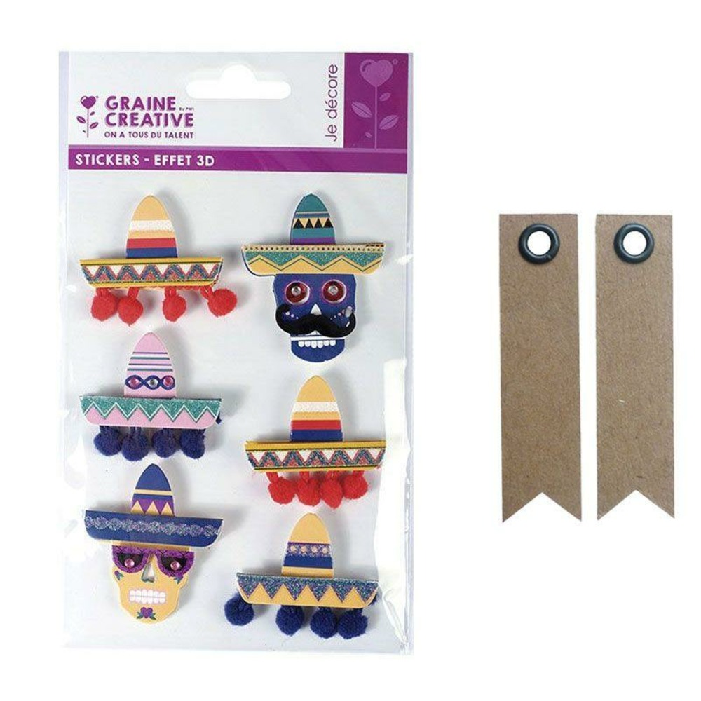 6 stickers 3d sombreros 5,5 cm + 20 étiquettes kraft fanion