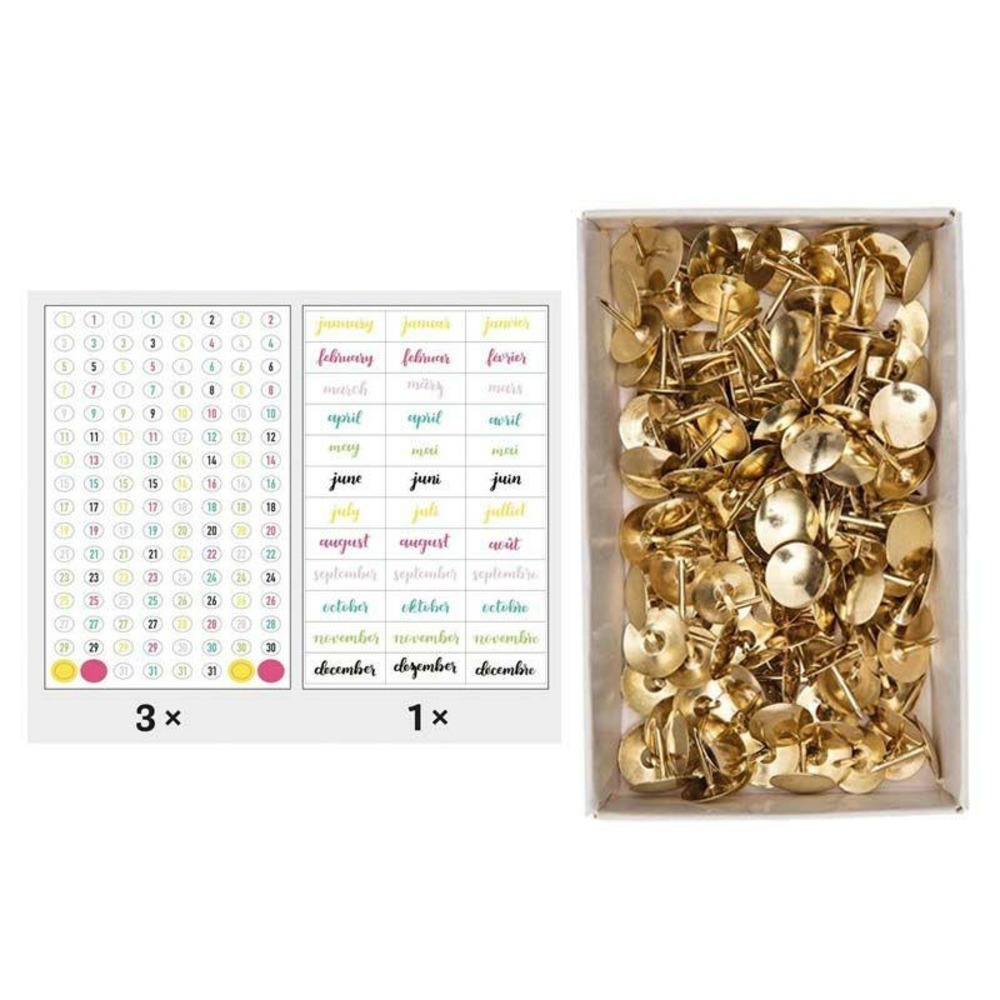 420 stickers dates couleurs vives + 150 punaises dorées