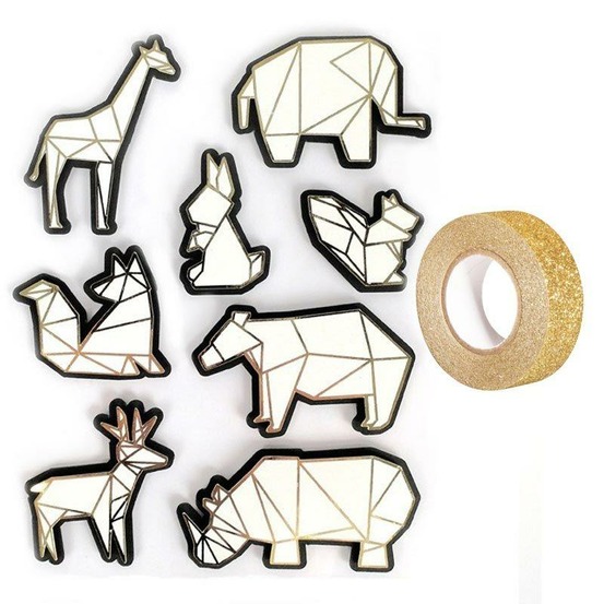 8 stickers 3d animaux du zoo 6 cm + masking tape doré à paillettes 5 m