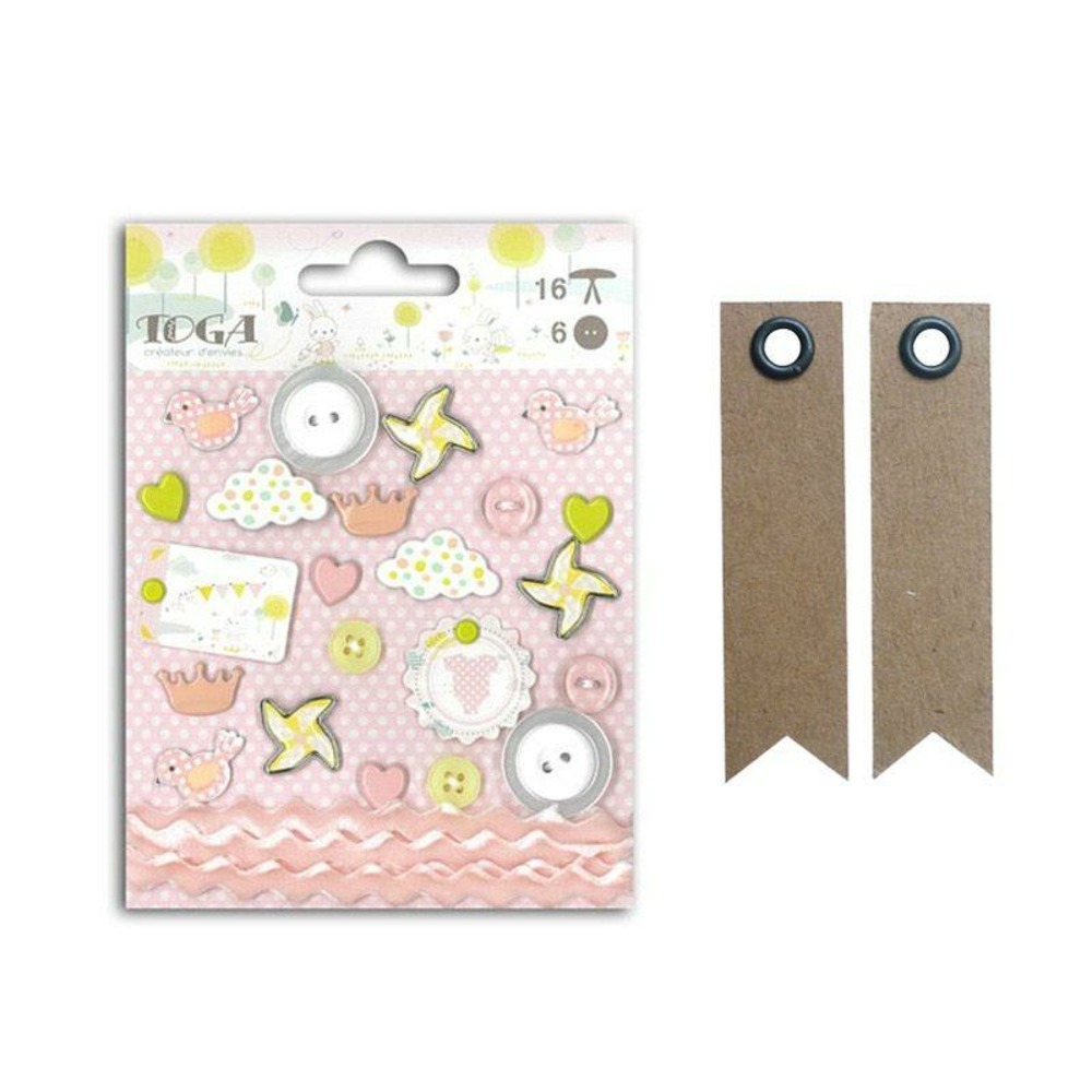 22 embellissements naissance fille rose + 20 étiquettes kraft fanion