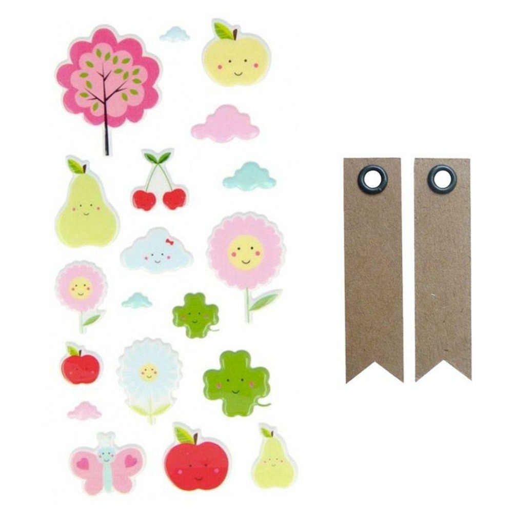 Autocollants puffies fruits adorables + 20 étiquettes kraft fanion