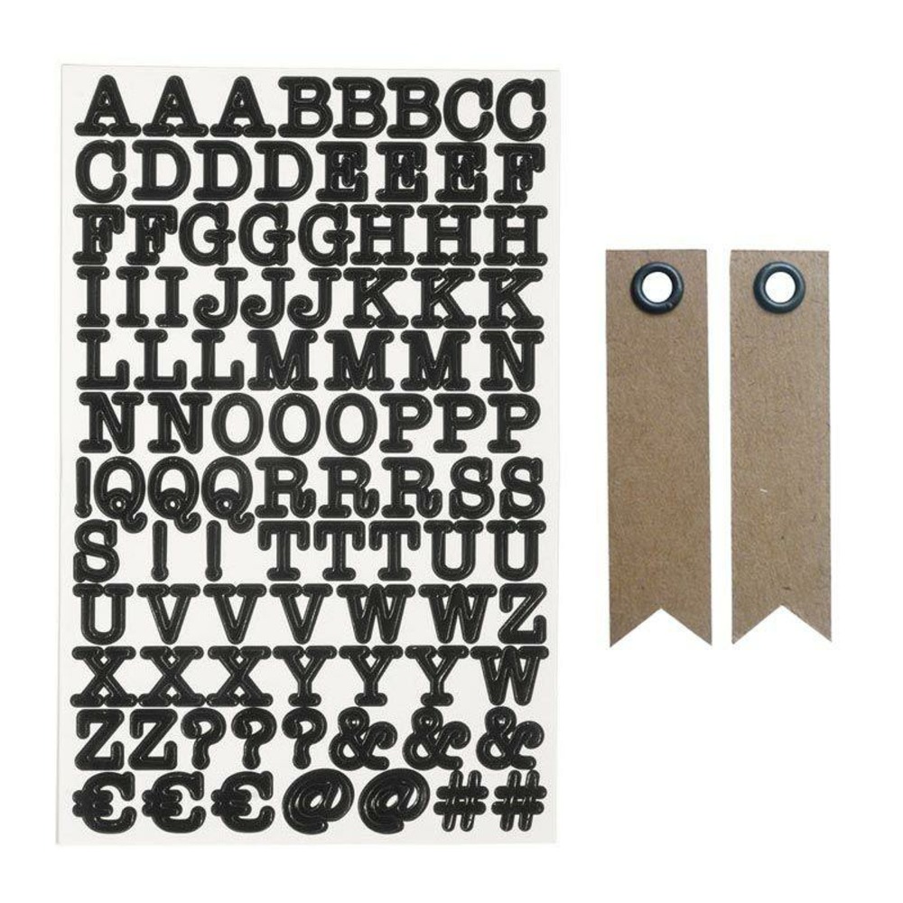 Stickers alphabet et chiffres noir + 20 étiquettes kraft fanion