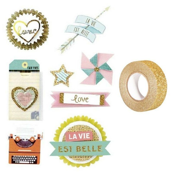 8 stickers fun effet 3d 5 cm + masking tape doré à paillettes 5 m