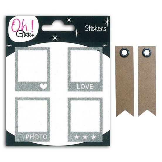 Stickers polaroïd argent + 20 étiquettes kraft fanion