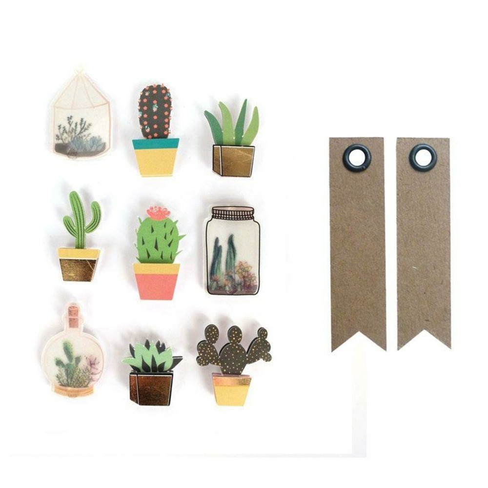 9 stickers 3d cactus et botanique 4 cm + 20 étiquettes kraft fanion