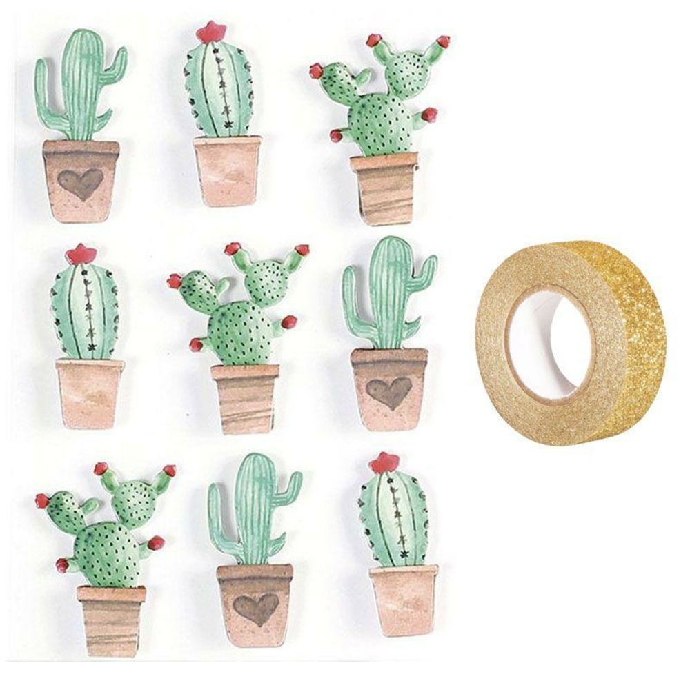 9 stickers 3d cactus mexicains 4,5 cm + masking tape doré à paillettes 5 m