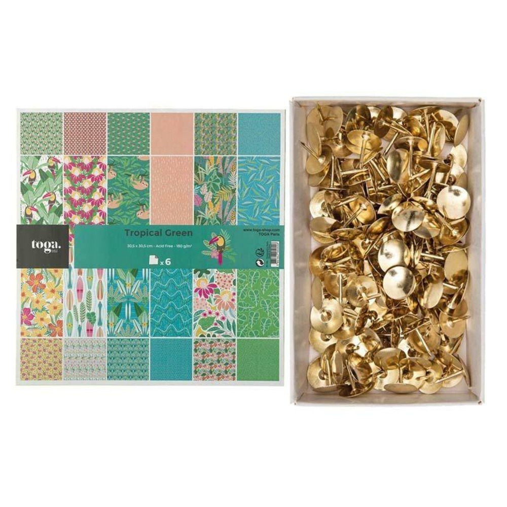 6 papiers imprimés tropical green + 150 punaises dorées