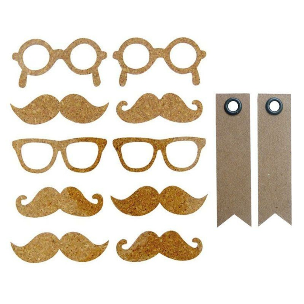 10 stickers en liège moustache + 20 étiquettes kraft fanion